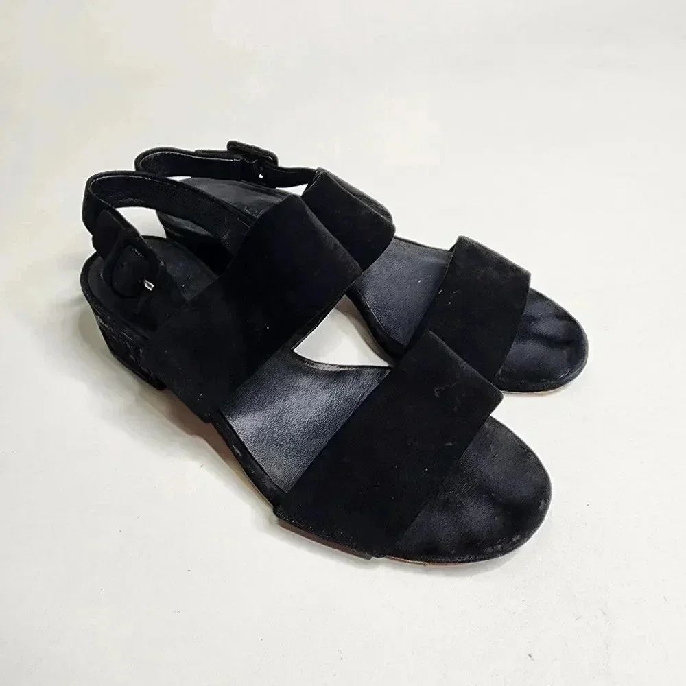 VINCE RENA Sandals Black Suede Block Heel Leather Strappy Size 7‎ Shoes
